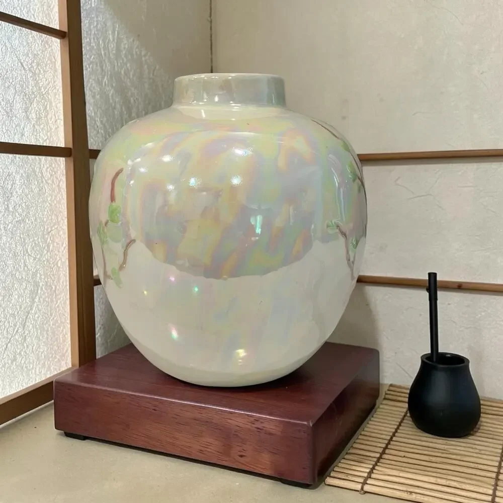 Signed Iridescent Art Pottery Vase Pink Blossom Applied Flowers Pearlescent 8”